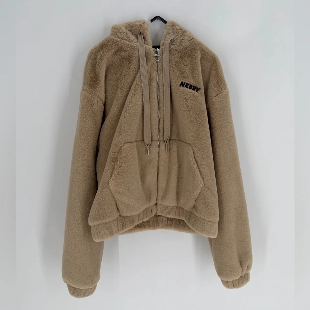 Nerdy Eco Faux Fur Soft Beige Logo Front Hooded Zip Up Jacket - Picture 2 of 7